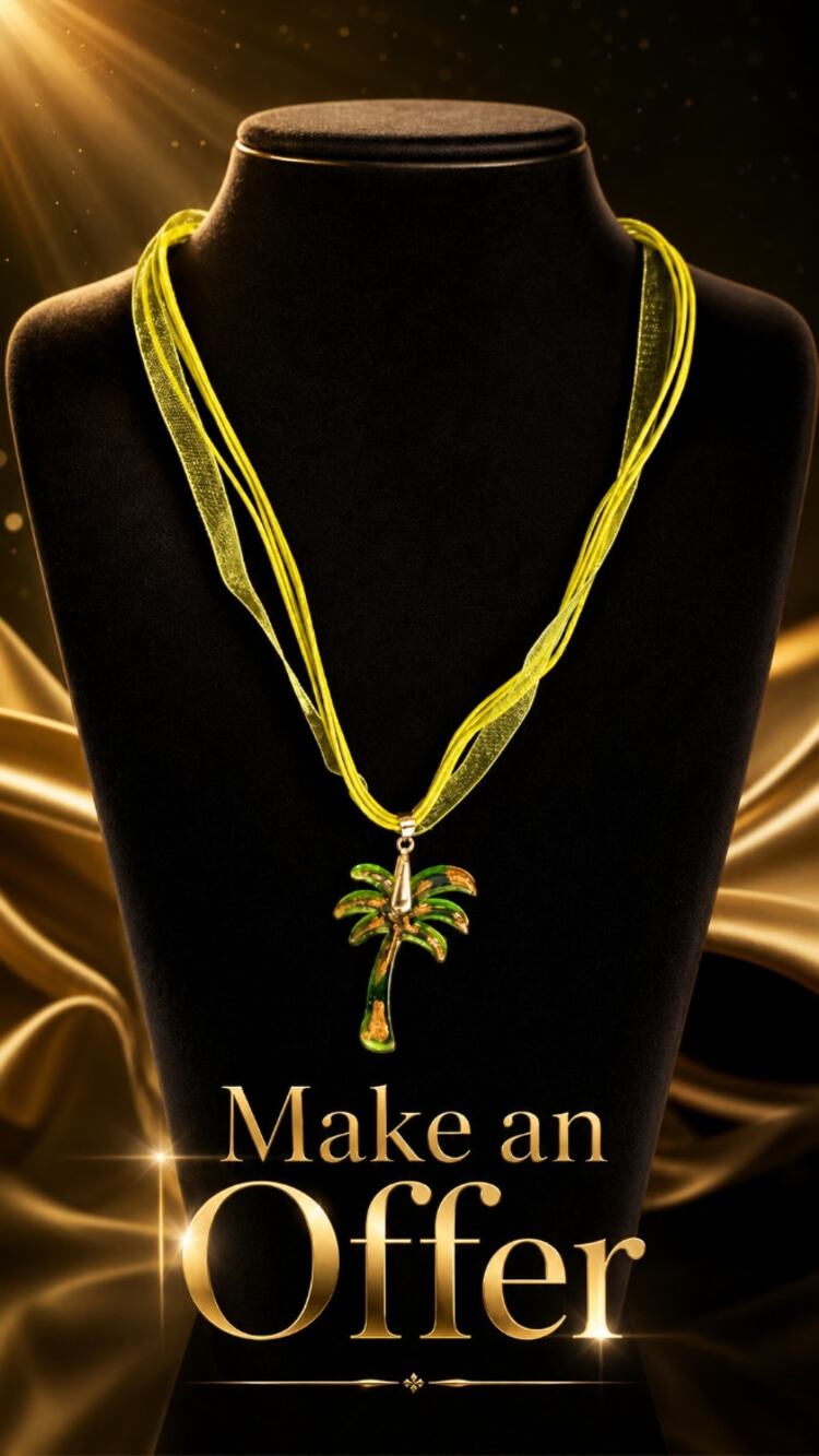 VTG Venetian Murano Glass Palm Tree Pendant Necklace Green Gold NWT